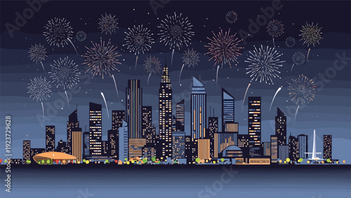 Spectacular city skyline at night ablaze with a dazzling array of colorful fireworks, marking a grand celebration or festive event.