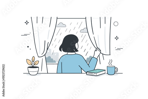 Watching Rainfall Silently. People looking out of windows. A person behind sheer curtains watches the rain outside, soft shapes suggesting movement and time