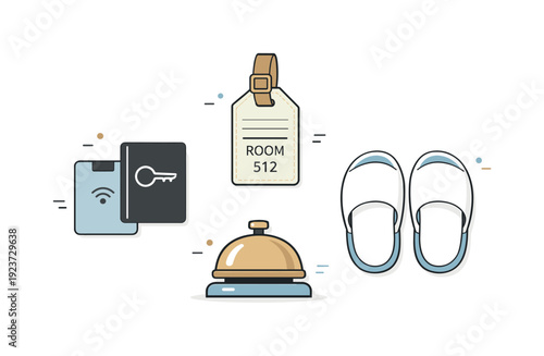 Hotel and hospitality objects. A clean arrangement of essential hotel items like key card, luggage tag, bell, and room slippers placed with