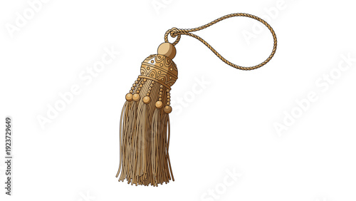 Luxurious decorative golden tassel with intricate beads and a braided loop, symbolizing elegance, tradition, and ornamental style.