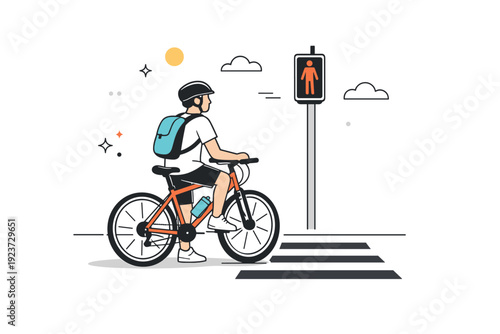 Standing at crossings. A cyclist stopped at a crosswalk, one foot on the ground, waiting calmly. A quiet pause between movement and