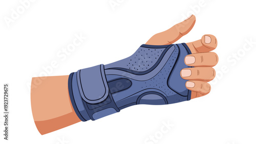 Human hand wearing a supportive wrist brace, giving a thumbs-up gesture, symbolizing recovery, successful treatment, or rehabilitation progress.
