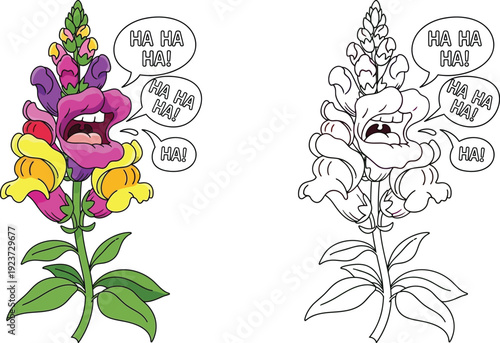 Humorous Cartoon Snapdragons Laughing with Ha Ha Ha Speech Bubbles and Outline