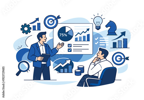 Corporate consultancy session. A consultant presents data dashboards to a client, floating