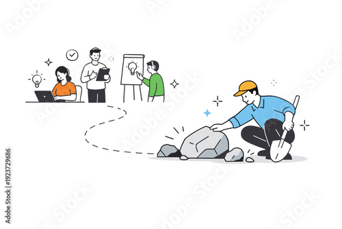 Supportive leadership style. A leader removes obstacles from a path while the team continues working smoothly. The illustration suggests