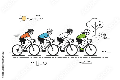Group spring endurance cycling. Small group riding together in a line, shared rhythm and quiet teamwork, supportive atmosphere and seasonal