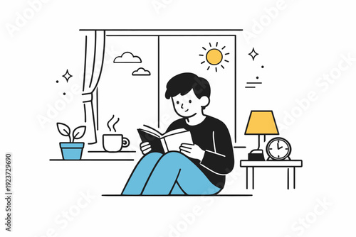 Film-like grain aesthetics. Person reading a book by a window, soft light and fine grain across the scene. Calm, cinematic pause capturing