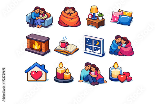 Cozy Home Icons. Home Comfort Scene. Colorful isometric vector icons set of home comfort scene: couple?s retreat indoors, shared blanket warmth, night lamp