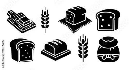 Silhouette collection of bread and bakery icons with wheat elements