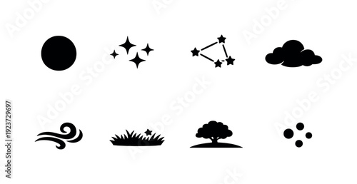 Summer night sky mood. Filled icon set of Summer night sky mood: full moon, twinkling stars,