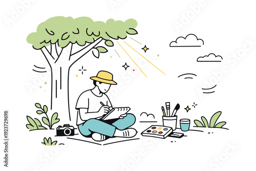 Outdoor art and sketching. Person painting or sketching under a tree, sunlight filtering through leaves. Calm inspiration moment with art