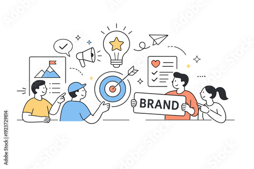 Brand strategy concept. Abstract people figures collaborating around brand symbols and vision boards, expressing alignment and shared
