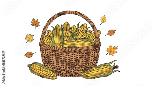 Abundant woven basket overflowing with fresh ears of yellow corn, beautifully surrounded by scattered vibrant autumn leaves, symbolizing a bountiful harvest.