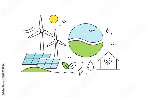 Sustainable energy abstract art. Minimal shapes inspired by wind turbines, solar panels, and eco symbols, simplified into a balanced,