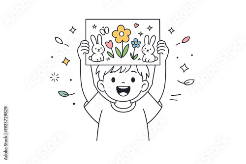 child?s spring card. A child proudly holding up a handmade spring card with drawings of flowers and bunnies, small abstract stars and petals