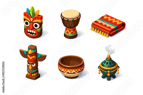 Cultural symbols. Isometric flat vector icons set of cultural symbols: tribal mask artifact, traditional musical instrument, ceremonial