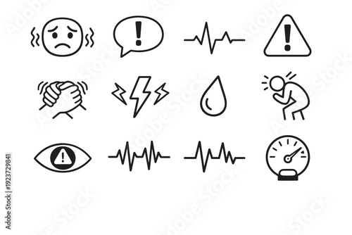 Anxious Thoughts. Line icon set of Anxious Thoughts: worried face, shaking lines, exclamation bubble, heartbeat wave, alert triangle,
