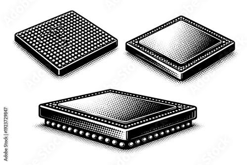 Microchip / processor ? ball grid array chip. A single ball grid array chip represented in three views including underside grid, angled