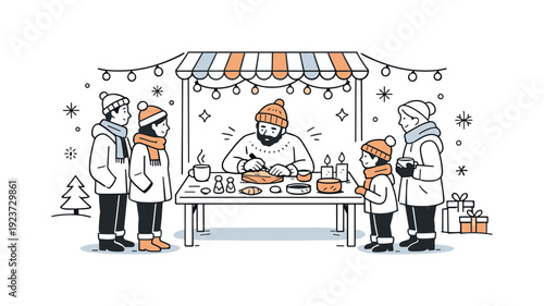 Artisan crafting handmade goods at a festive winter market stall with customers