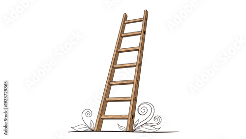 Sturdy wooden ladder with six rungs leaning upwards, accented by subtle decorative swirls at its base, symbolizing progress, ascent, or growth.