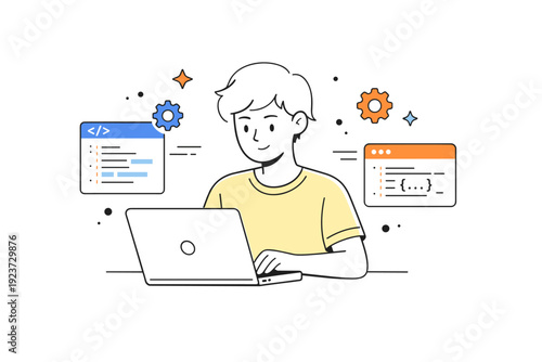Online coding practice. A person focused on a laptop screen with code snippets and abstract floating icons of gears and stars, calm and