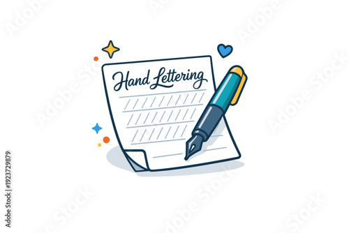 Typography in calligraphy focused on learning and practice of hand lettering. A calm conceptual scene with a practice sheet and pen element