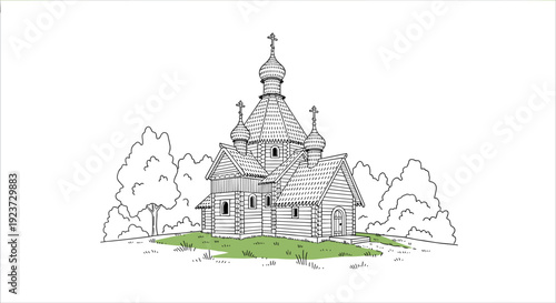 Traditional wooden church with onion domes in outline style amidst trees