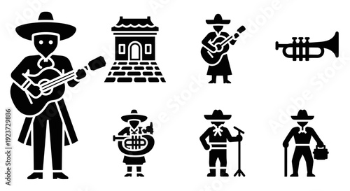 Mexican mariachi band icons: guitarists, trumpet, and traditional elements in silhouette style