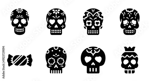 Silhouette sugar skulls and candy: traditional day of the dead icons