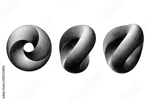 Geometric dot gradient abstract form A single abstract geometric form shown in three views including frontal view, rotated view, and three-quarter depth view.