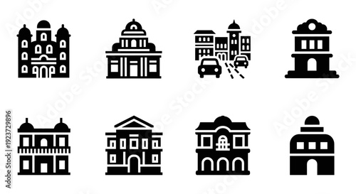 Historic architecture icons set: classic buildings and cityscapes in bold silhouette style