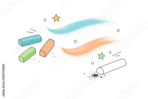 Chalk and pastel dust textures ? creative art process. Pastel sticks, abstract dust trails and scattered particles showing motion and