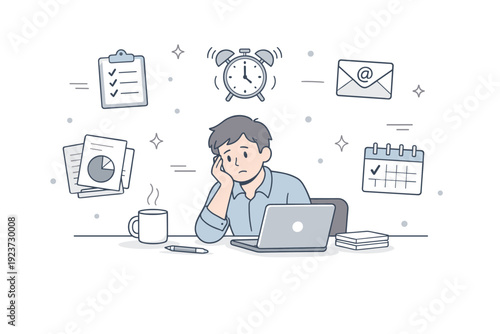 Midweek monotony visuals. Person sitting at a desk with neutral expression, repetitive task icons floating softly around. Visual mood of