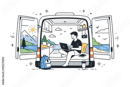 Camper Van Workspace. Remote work in camper vans. Camper van parked by mountains or sea, person working inside while scenery is visible through open doors.