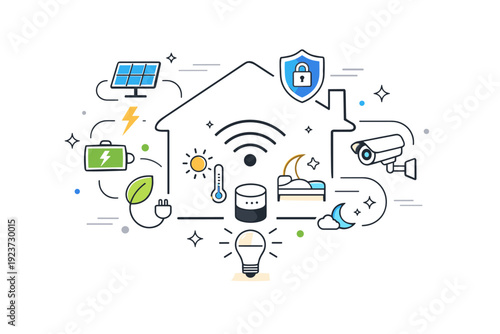 Future-ready smart home. Abstract house outline surrounded by connected symbols for energy, security, and comfort, showing intelligent living at a glance.