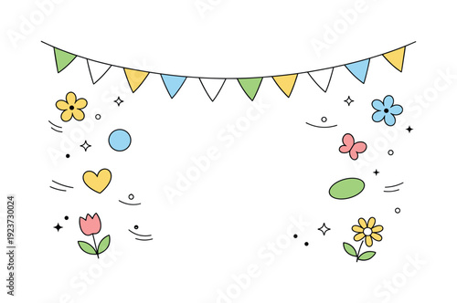 Cute cartoon spring elements with colorful bunting flags and playful shapes