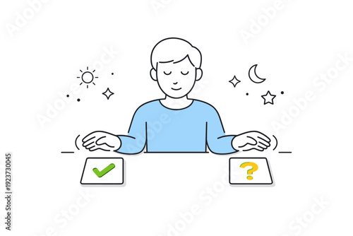 Mindful decision moment. A calm figure pausing before selecting between simple cards or icons, gentle motion cues around hands. Quiet confidence and