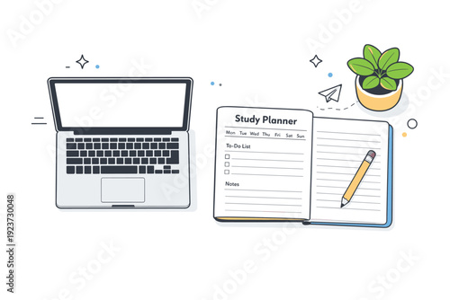 Minimal student workspace. Laptop, study planner, and small plant arranged in a clean flat lay. Focused modern learning mood combining