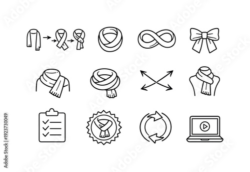 Scarf Tying Icons. Scarf Tying Styles. Line outline icon set of Scarf Tying Styles: knot steps, loop wrap,