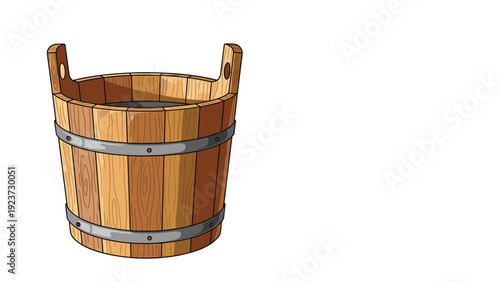 Traditional wooden bucket crafted with sturdy metal bands, commonly used for water or storage, exuding a rustic and vintage charm.