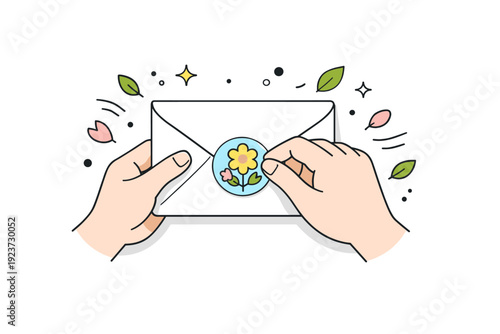 spring envelope prep. Hands gently sealing a decorated envelope with a spring sticker, floating dots and leaves around symbolizing care, intention, and festive