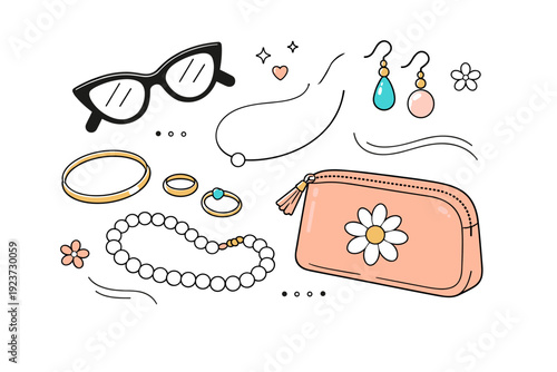 Elegant spring accessories flat lay. A balanced top-down layout of jewelry, sunglasses, and a cosmetic pouch with gentle decorative accents.