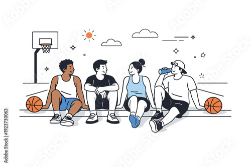 Basketball outdoor court training. End-of-session moment with players sitting on the court edge, basketballs resting nearby. Relaxed cooldown