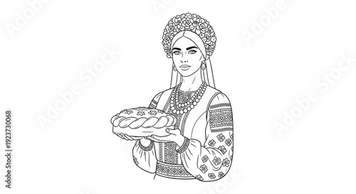 Traditional outfit woman holding bread in black and white line art
