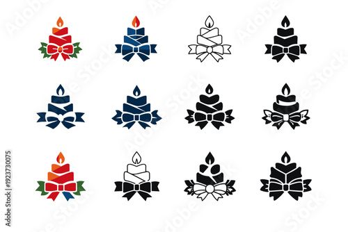 Candle centerpiece. Icon set. Set Logo of Candle centerpiece: layered candle with festive ribbon base. harmonious logo variations of the same