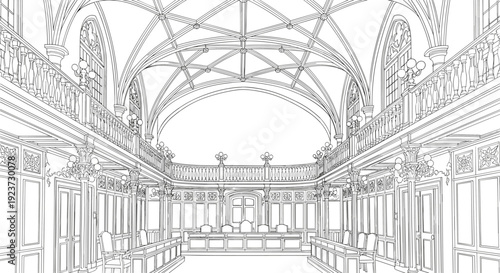 Elegant linear interior of historic courthouse with gothic arches and ornate details