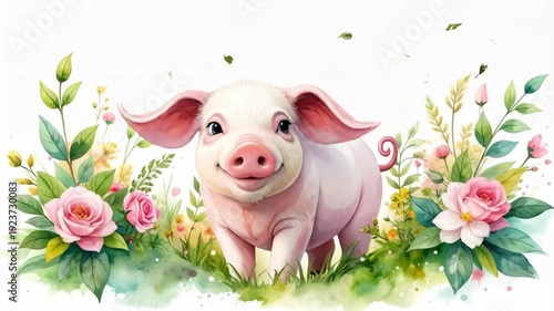 Happy Piglet Leaping Through a Garden of Roses and Greenery