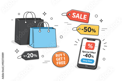 Promotions and discounts in advertising. Flat lay scene with shopping bags, price labels, and a smartphone displaying a discount
