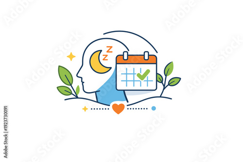 Freelancer mental health awareness abstract mind and calendar symbols combined with gentle plants, symbolizing boundaries, rest and