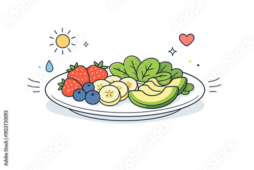 Healthy minimal food setup. A plate with fruits and greens is arranged in a clean, orderly way, suggesting freshness and wellbeing. The scene